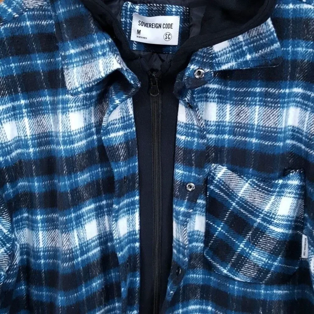 SOVEREIGN CODE Plaid Flannel Shirt Jacket Mens Medium Quilted Lining Hooded